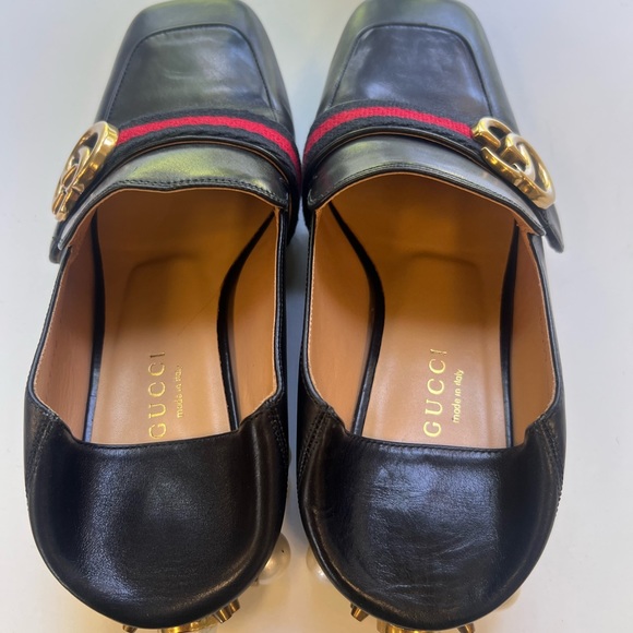 Gucci Black Leather Peyton Pearl Loafer Heel GG Marmont - Picture 5 of 13